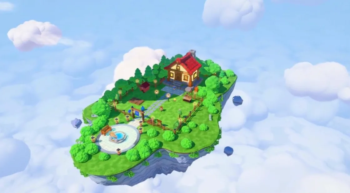 A sky farm island floating below the whale